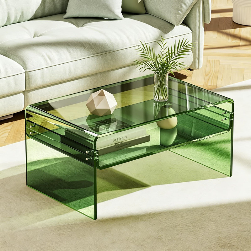 Table basse en acrylique transparent pour le salon, table de bout rectangulaire moderne en Lucite avec tablette de rangement ouverte, design contemporain robuste et facile à nettoyer