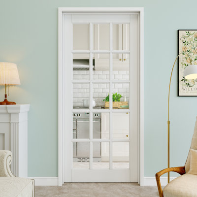 36" x 80" 15-Lite Clear Glass Interior Prehung Door with Black Hinges, Clear Glass Door Slab, Paintable & Waterproof, Suit for Laundry, Closet Doors, Room Doors, Left Hand