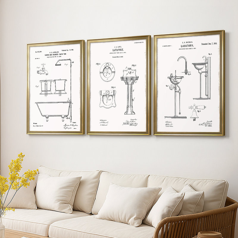 «Vintage Bath II» - Toile tendue avec châssis sur mesure - 3 pièces