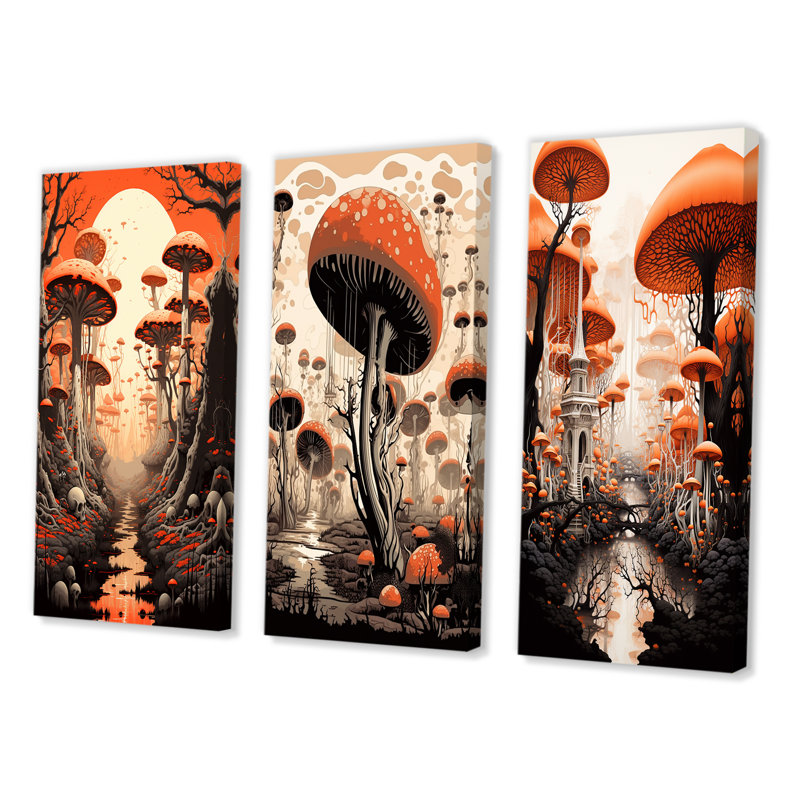 «Magical Mushroom Vintage Landscape», 3 pièces, Toile tendue, H 40 po x l 60 po