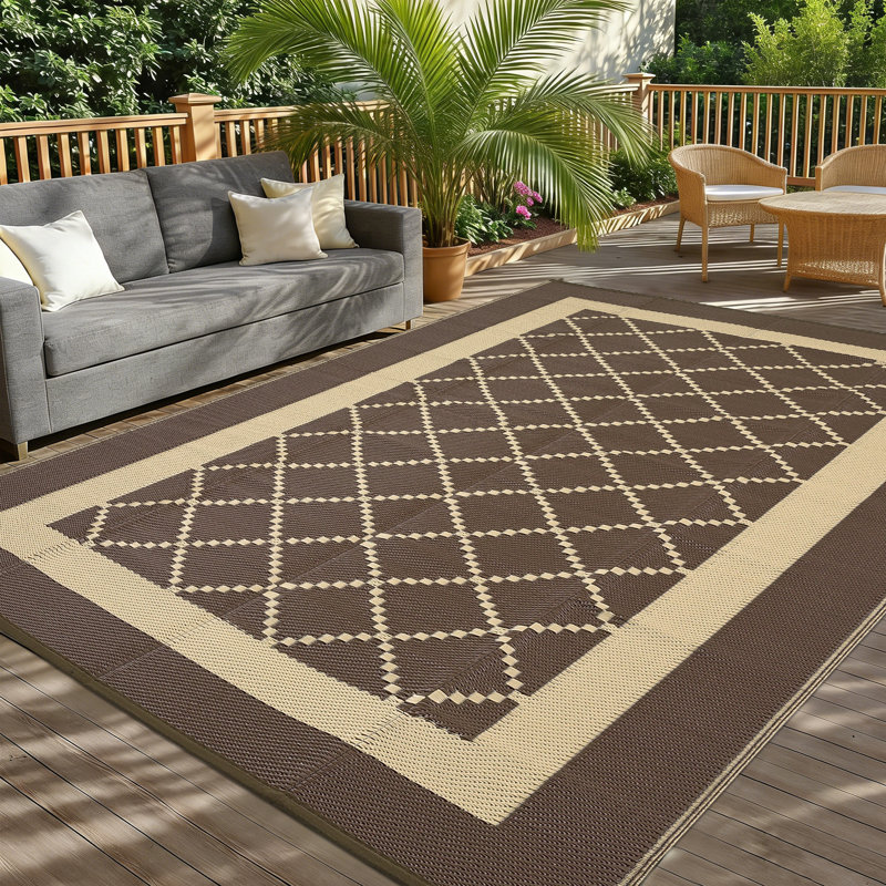 9' x 18' Outdoor Area Rug, Reversible Geometric Design, Waterproof Plastic Straw Weave, Foldable and Easy-Care, for Patio, Deck, Balcony or RV Camping