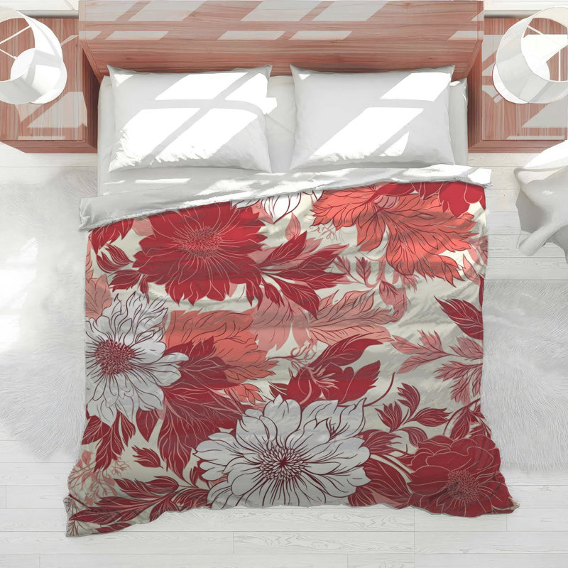 Red White Floral Pattern Comforter, Queen