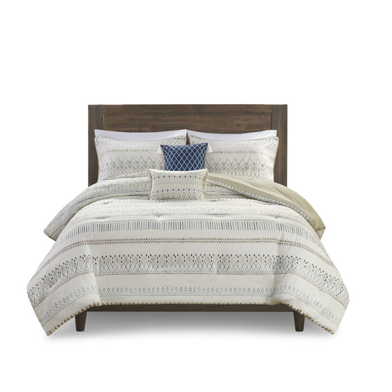 5 Piece Printed Seersucker Comforter Set With Throw Pillows Taupe/Blue King/Cal King - King/Cal King Comforter + 4 Additional Pieces