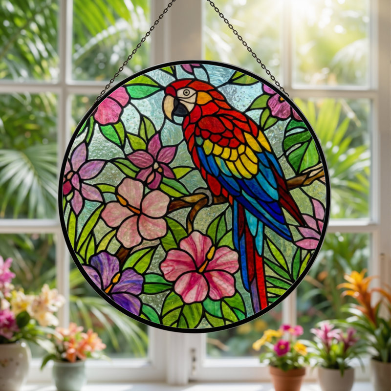 Panneau de vitrail 12 "H Parrot Flowers