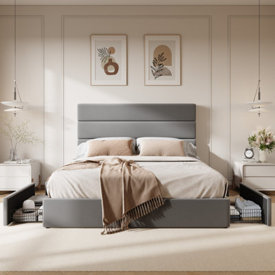 Modern Platform Bed Frame With 4 Storage Drawers And Velvet Upholstered Headboard