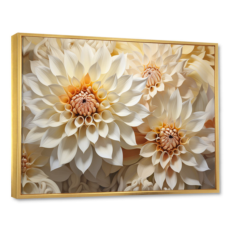 Dahlia blanc minimalisme sur toile, H 24 po x l 32 po x P 1 po, Cadre flottant doré