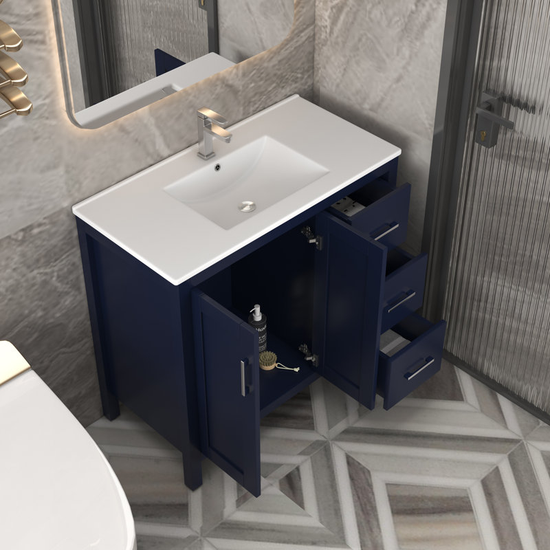 Meuble-lavabo simple 36 po avec plateau en céramique Lewey, Noir mat