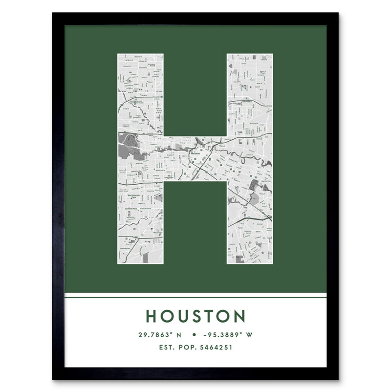 Houston City Map Houston Green by Wee Blue Coo - Single Picture Frame Typography