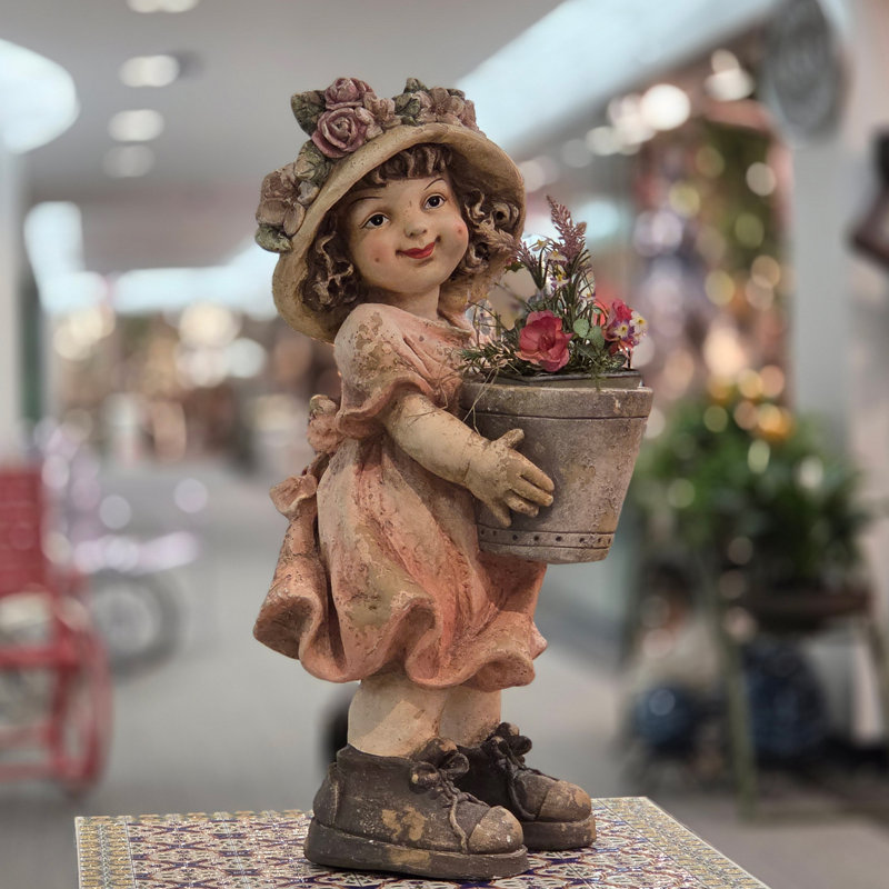 27 po Grande figurine de jardin de style campagnard avec pot de fleurs