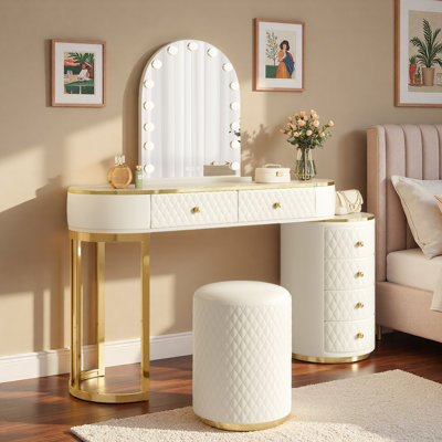 Meuble-lavabo de luxe avec miroir à DEL 3 couleurs, longueur réglable, 6 tiroirs et tabouret