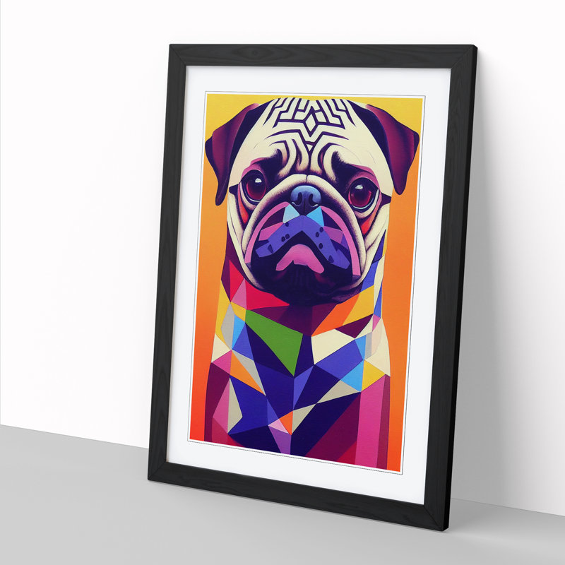 Pug Dog Geometric Vol.2 - Single Picture Frame Painting, 34cm H x 25cm W x 2cm D, Walnut