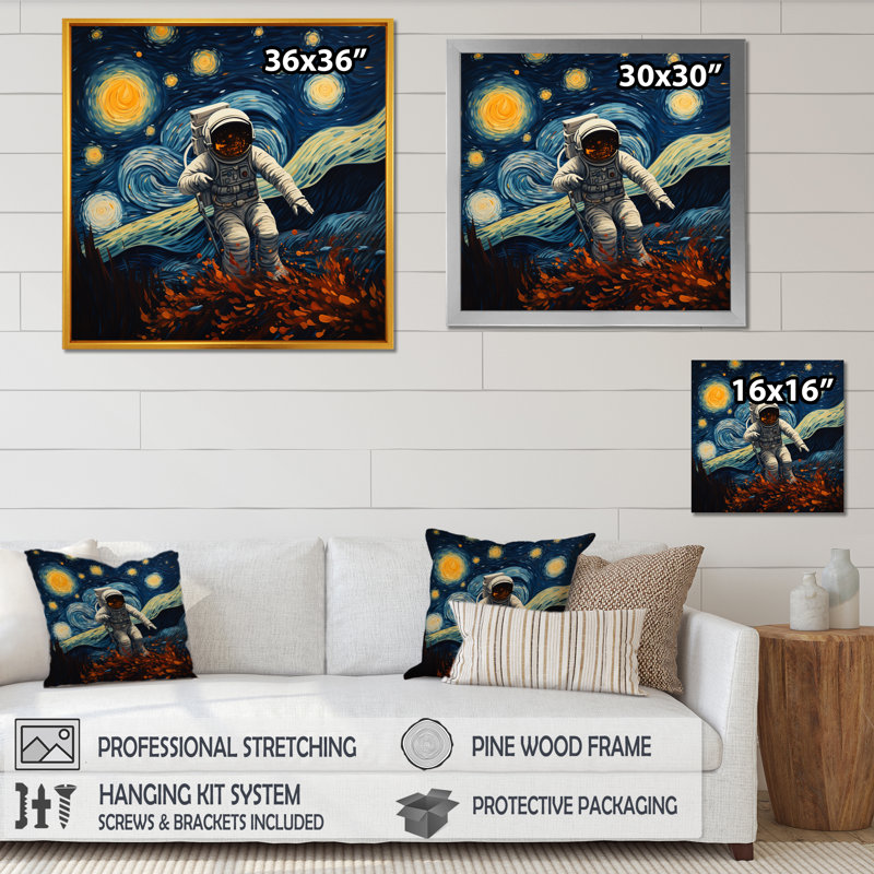 Vangogh Astronauts Through Space II - Space, art mural, Toile tendue, H 16 po x l 16 po x P 1 po