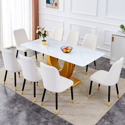 Table And Chair Set.Modern Luxe Snow Mountain Stone White Texture Sticker Glass Dining Table - 71"X35.4" With Gold U-Shaped Legs.Paired With 8 PU White Chairs With And Black Metal Legs.