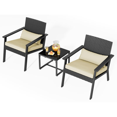 Penland 2-Person Patio Furniture Set, 3-Piece Wicker Lounge Set with Cushions and Coffee Table by George Oliver