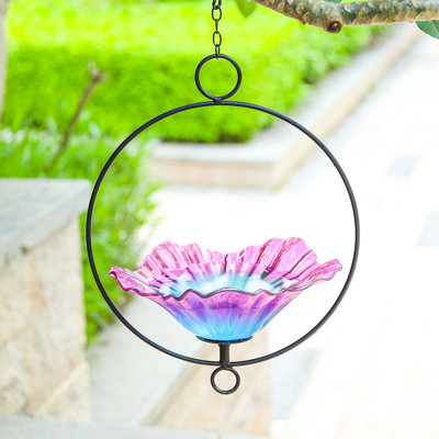 Outdoor Bird Bath,hanging Glass Bird Bath Feeder With Metal Ring Frame Flower-shaped Birdbath,for Garden,yard,outdoor Decor