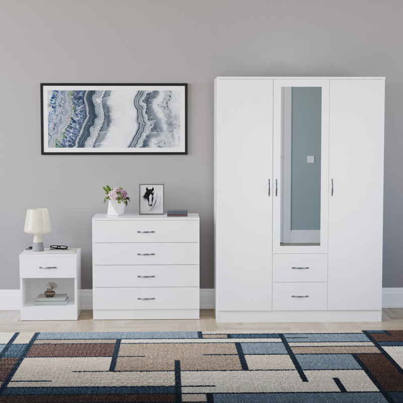 Maybery 3 Piece Bedroom Set (1 Drawer Bedside Chest, 4 Drawer Chest, 3 Door 2 Drawer Mirrored Wardrobe), (5), White