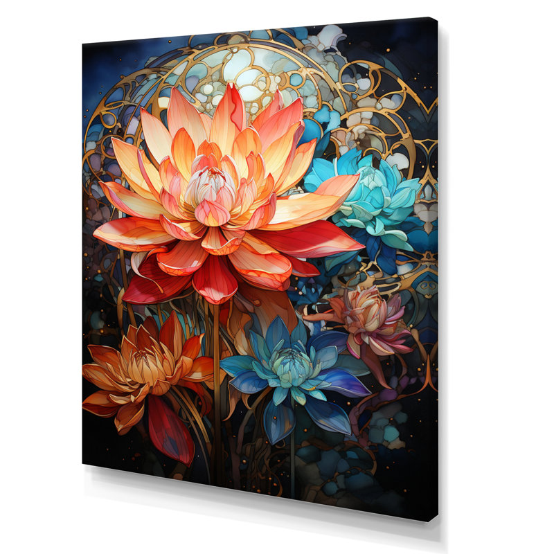 Art bouddhiste orange, turquoise, mandala de lotus - impressions sur toile bouddhisme, H 32 po x l 16 po x P 1 po