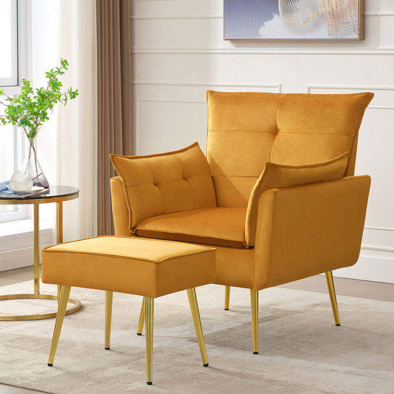 Fauteuil en velours capitonné avec repose-pieds Vaishal, Velours jaune