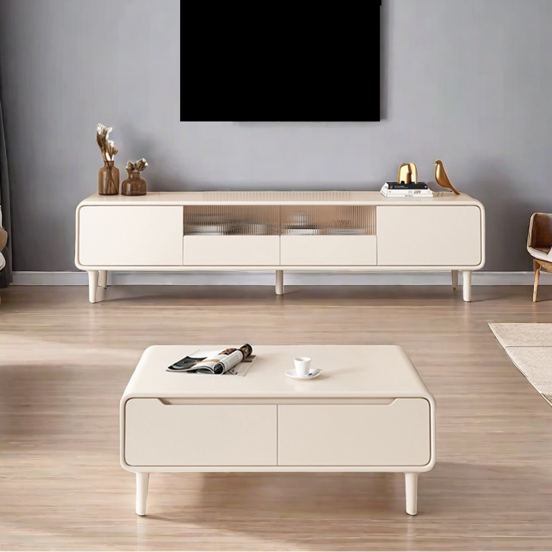 EXCEEB Premium Oak TV Stand And Coffee Table Set 2 Piece Solid Wood