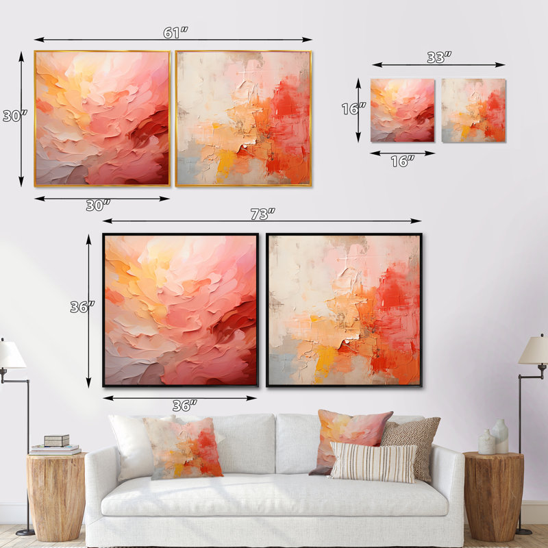 Gradient Grace Artistry - Ensemble de 2 collages abstraits carrés, Cadre flottant doré, H 36 po x l 73 po