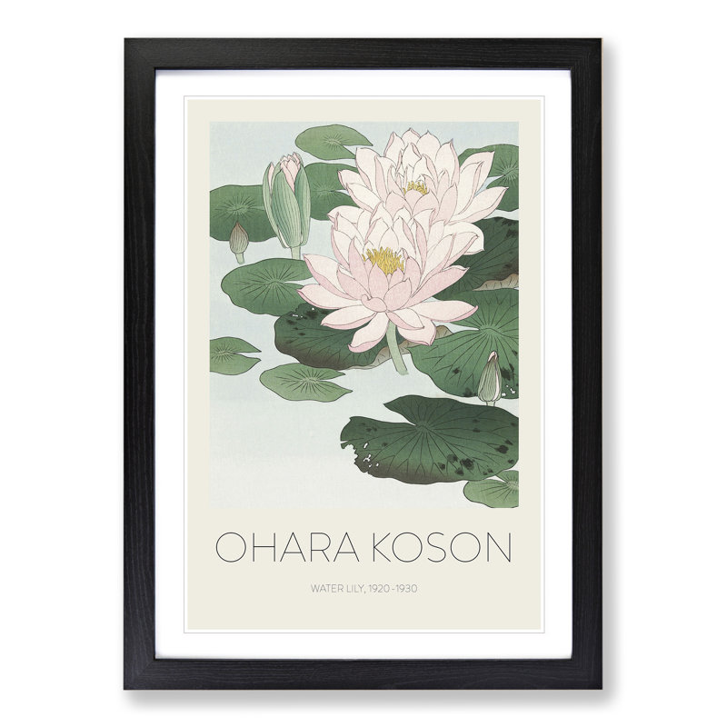 Pink Water Lilies Print by Ohara Koson - Picture Frame Painting, 65cm H x 48cm W x 2cm D, Black Framed