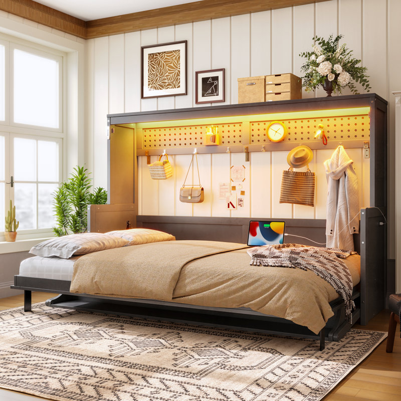 Lit escamotable double avec bureau, station de charge USB, lumières DEL, gris foncé, Lit double, Gris foncé
