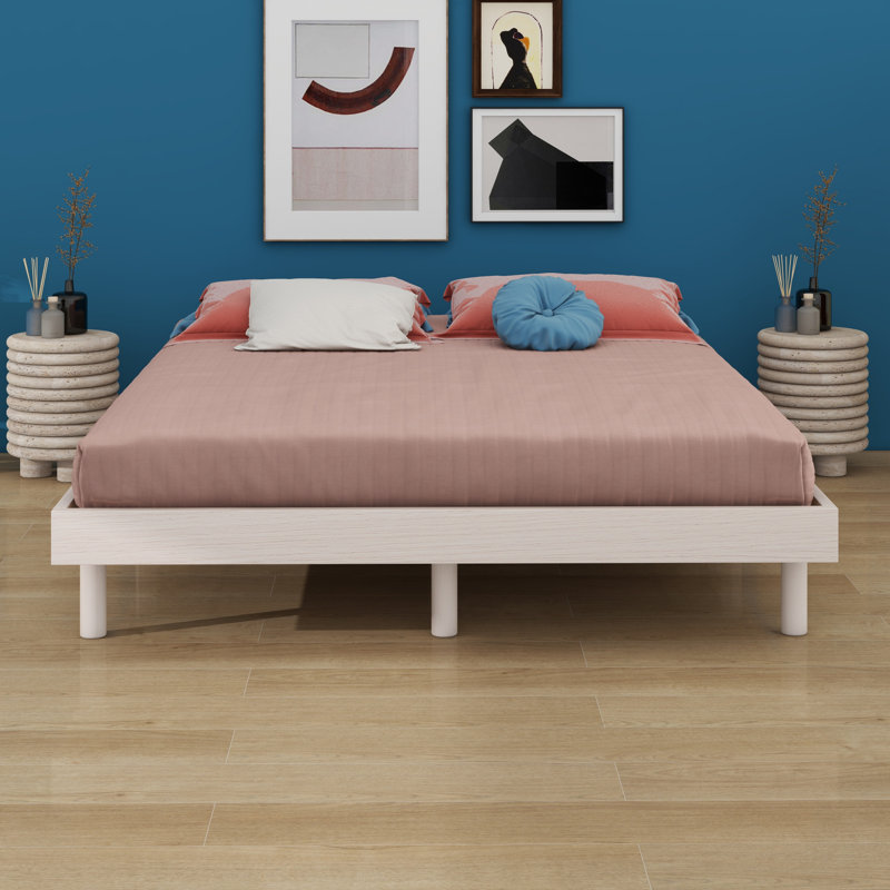 Modern Design Floating Platform Bed Frame, White Washed, Full