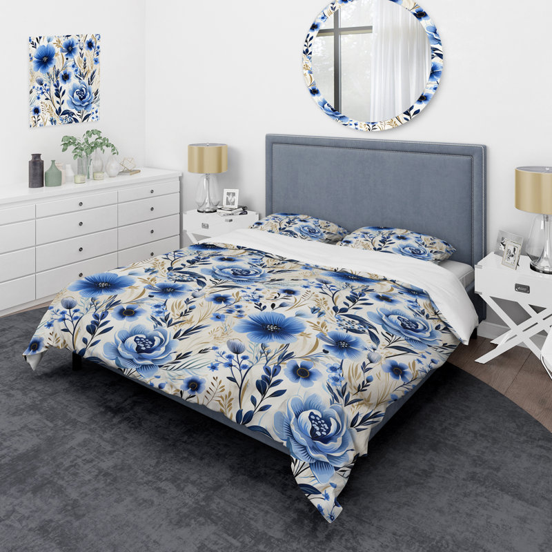 Ensemble de housse de couette Blue Boho Chic Floral, Housse de couette pour très grand lit et 2 très