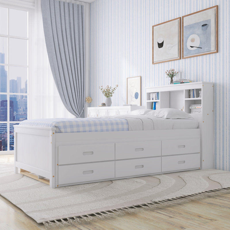 Platform Bed With Storage Headboard, USB,Trundle And 3 Drawers, Twin, White