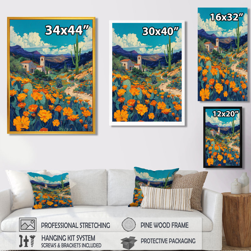 Orange, orange, désert, cactus, paysage, Mexique, I, plantes, art mural, salon, Toile argentée avec cadre flottant