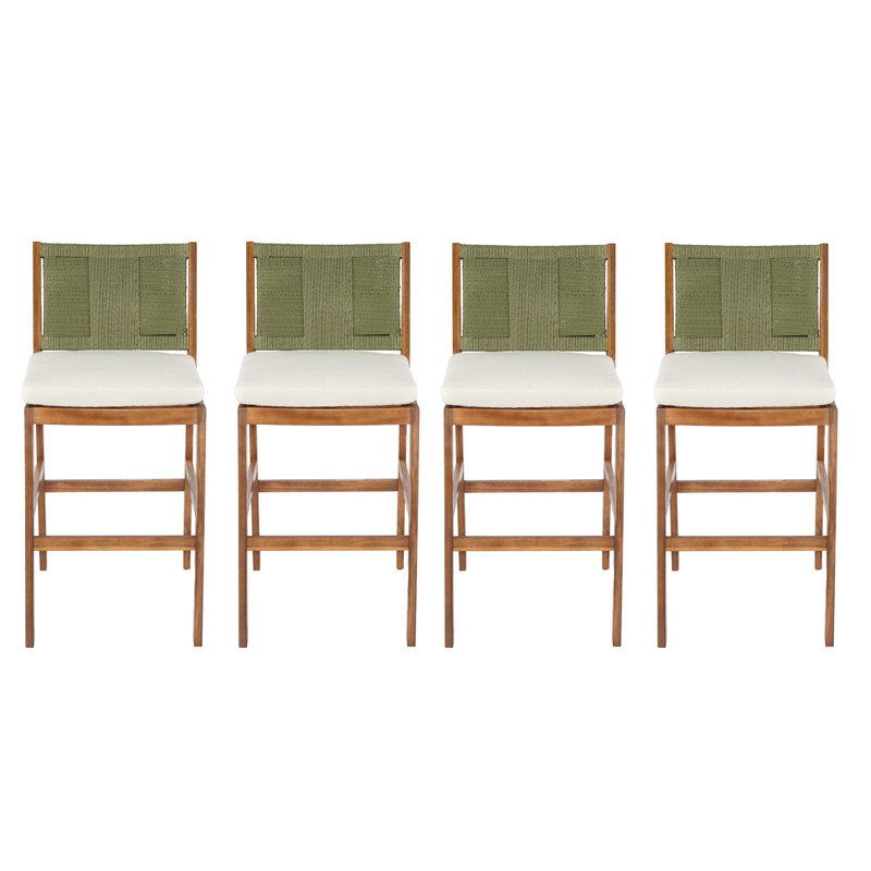 4 pièces Tabouret de bar d'extérieur vert en bois d'acacia massif et osier tissé Arly, Green/Teak