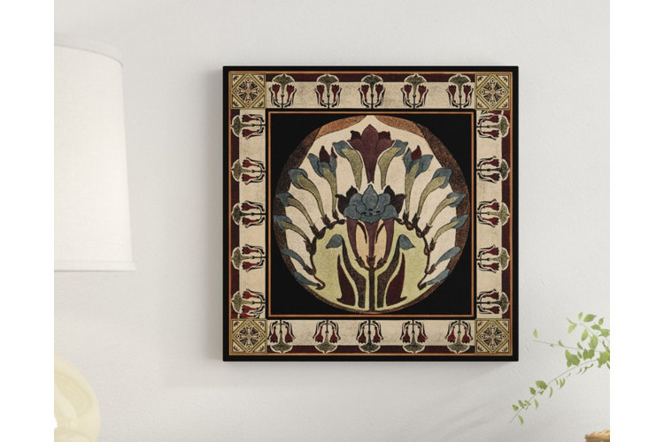 Close-up of a small Art Nouveau floral print hung on a wall.