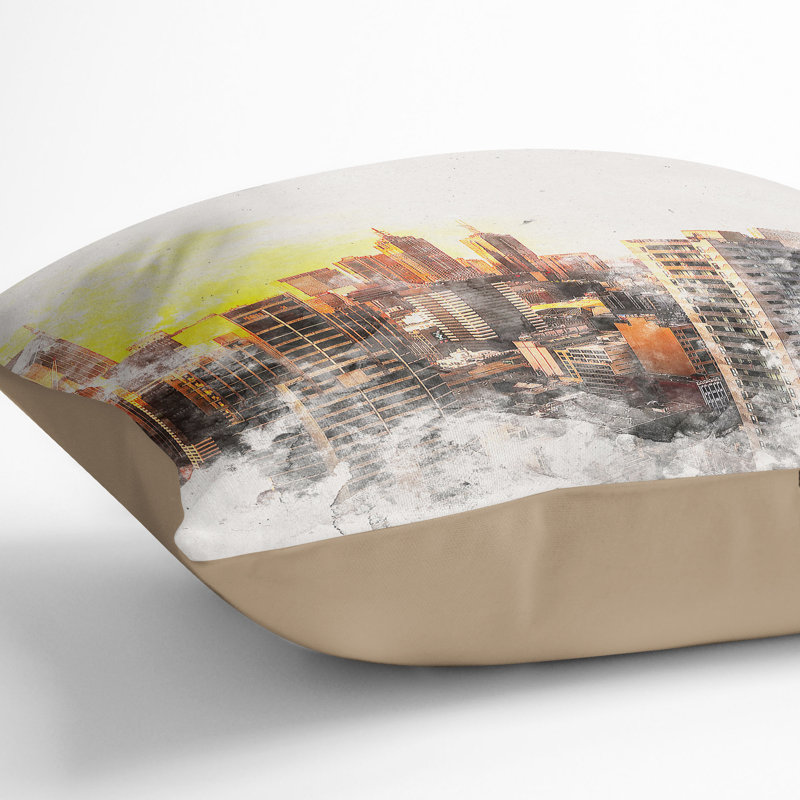 Melbourne Australia Skyline Watercolour Cushion with Filling, 55cm H x 55cm W x 20cm D, Stone