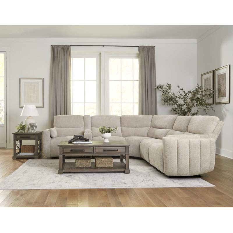 132" W Power Reclining Sectional with Adjustable Headrests , Buttercream Polyester