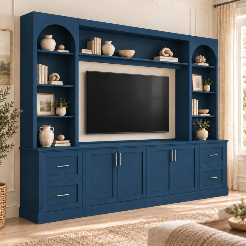 Meuble audio-vidéo de 104 po de largeur avec huche de rangement et 4 tiroirs pour téléviseurs de 65 po ou moins, Blue