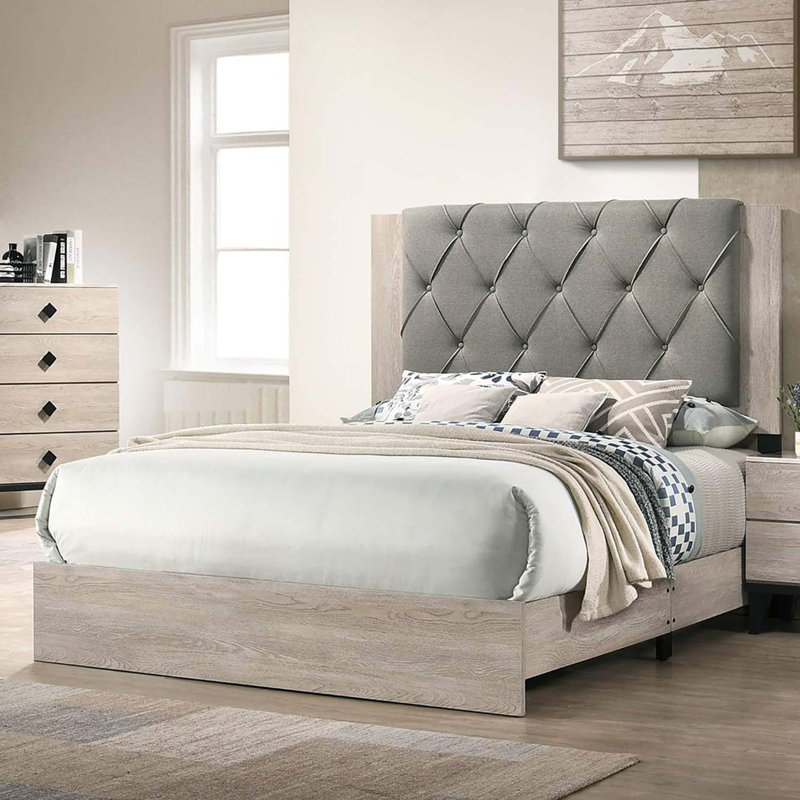 Kipperman Upholstered Platform Bed, King, Cream/Gray