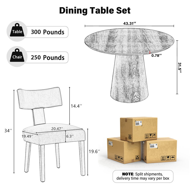 Round Pedestal Dining Set Mid-Century Modern Wooden Table & Upholstered Chair Set For Home, Kitchen, Dining Room, Walnut