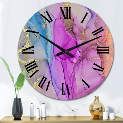 Horloge murale moderne bleue et mauve à l'encre de marbre II