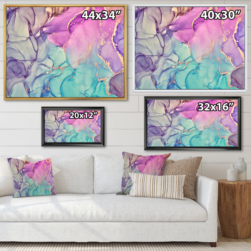 «Mauve et bleu», art liquide - reproduction sur toile, H 12 po x l 20 po, Cadre flottant doré