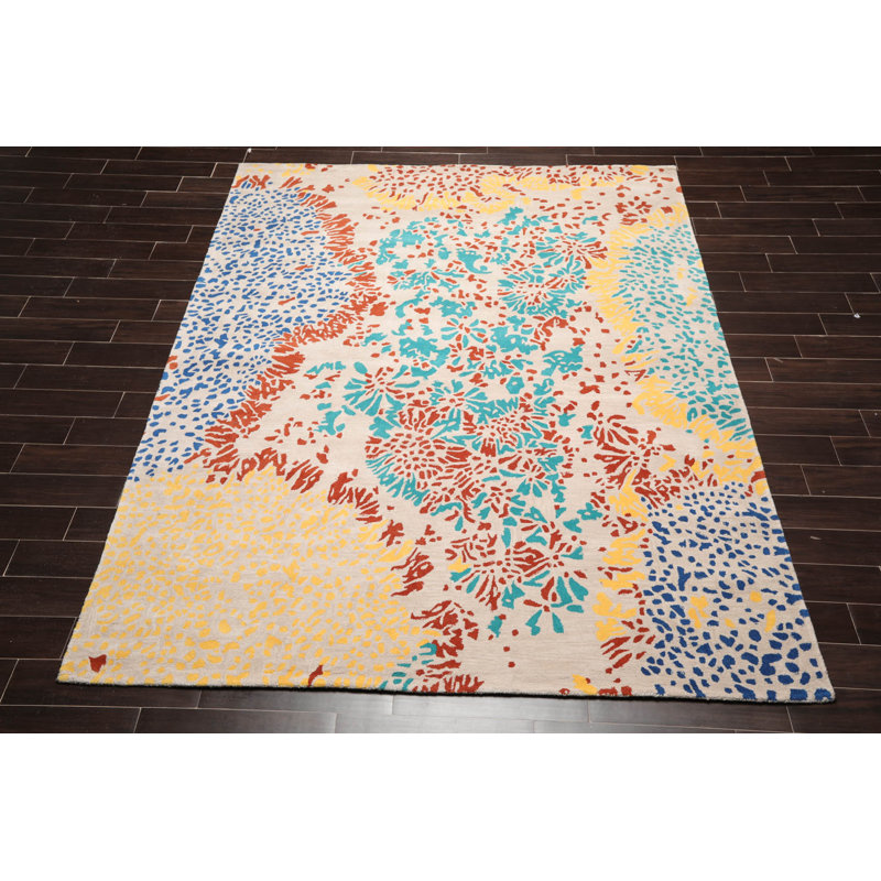 Tapis beige en laine tissé à la main, Rectangle 7 pi 9 po x 9 pi 9 po