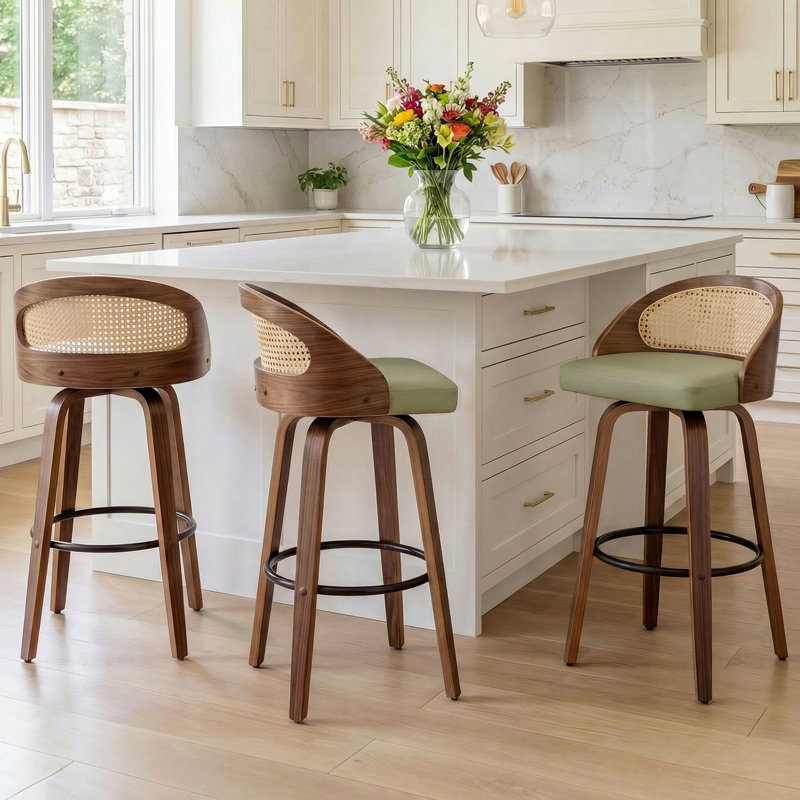 Swivel Upholstered Faux Leather Bar Stool with Solid Wood Frame, Green Faux Leather, Bar Stool (76.2cm Seat Height)