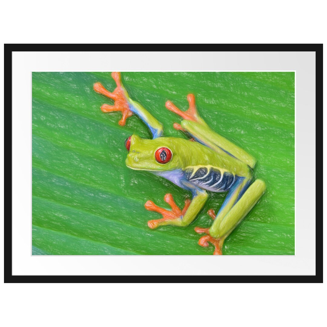 Gerahmtes Poster Kleiner Frosch auf Blatt