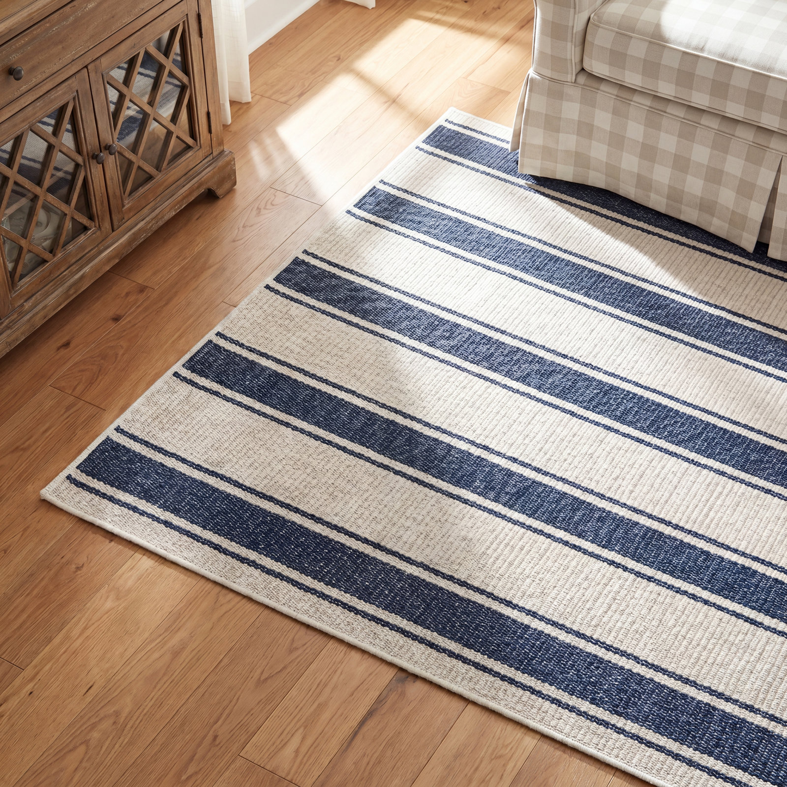 Blue Awning Stripe Machine Washable Rug, Runner 2'6" x 8'