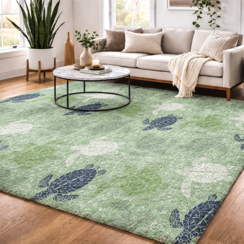 Premium Machine Washable Dream Shag ADS192 Turtles Rug, Green, 5' x 7'6"