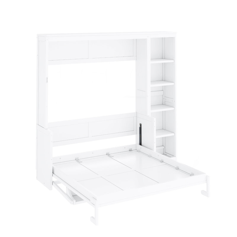 Lit escamotable double avec bureau et bibliothèque, blanc, Lit double, Blanc