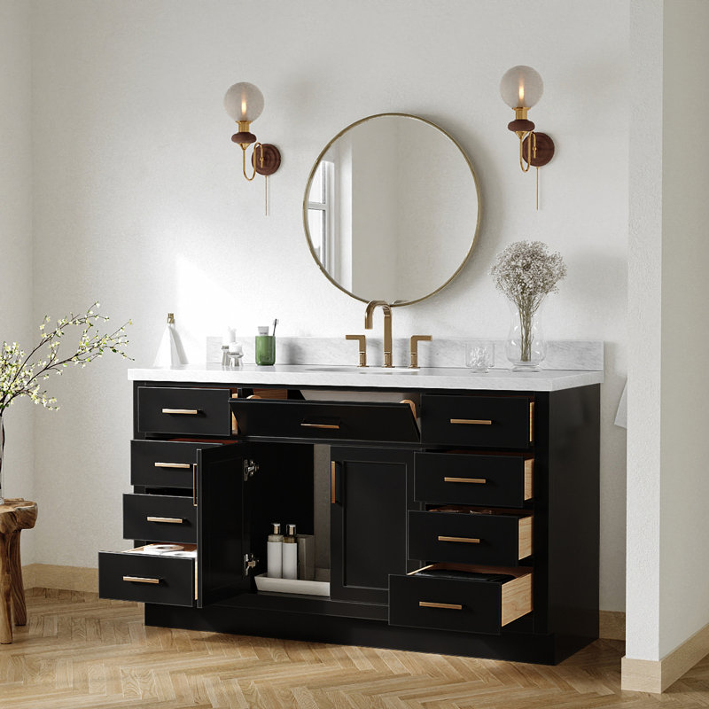 Tidworth Solid Wood Single Bathroom Vanity with 1.5'' Carrara Marble Top, Black, Oval