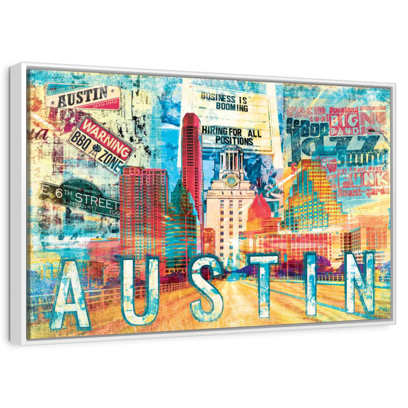Road to Austin City Grunge, Cadre flottant blanc, 37 po x 25 po