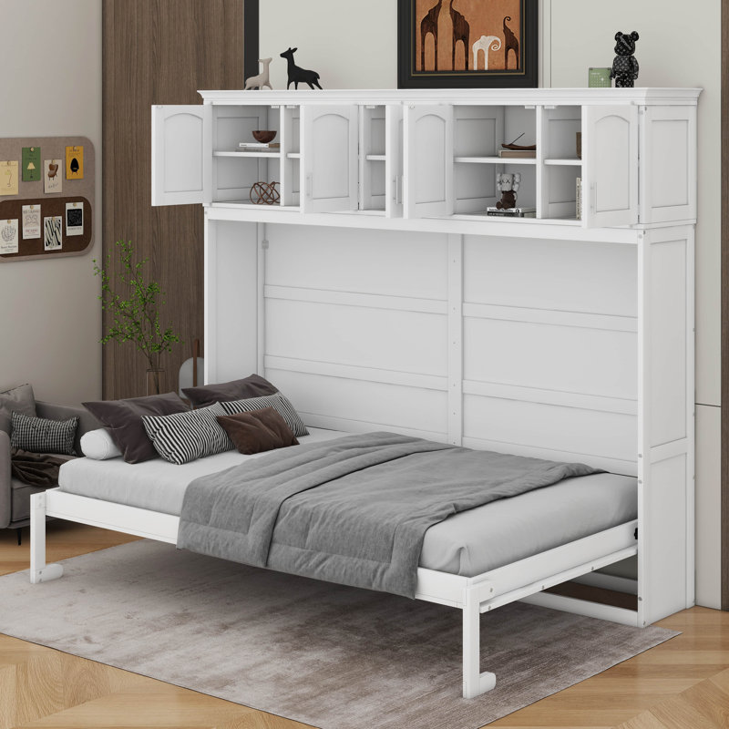 Lit escamotable avec armoires supérieures, Blanc, Grand lit