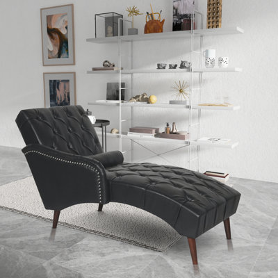 Chaise longue avec coussin et pieds en bois massif, dossier et accoudoirs capitonnés pour une utilisation à l'intérieur dans le salon, la chambre à coucher, polyuréthane noir