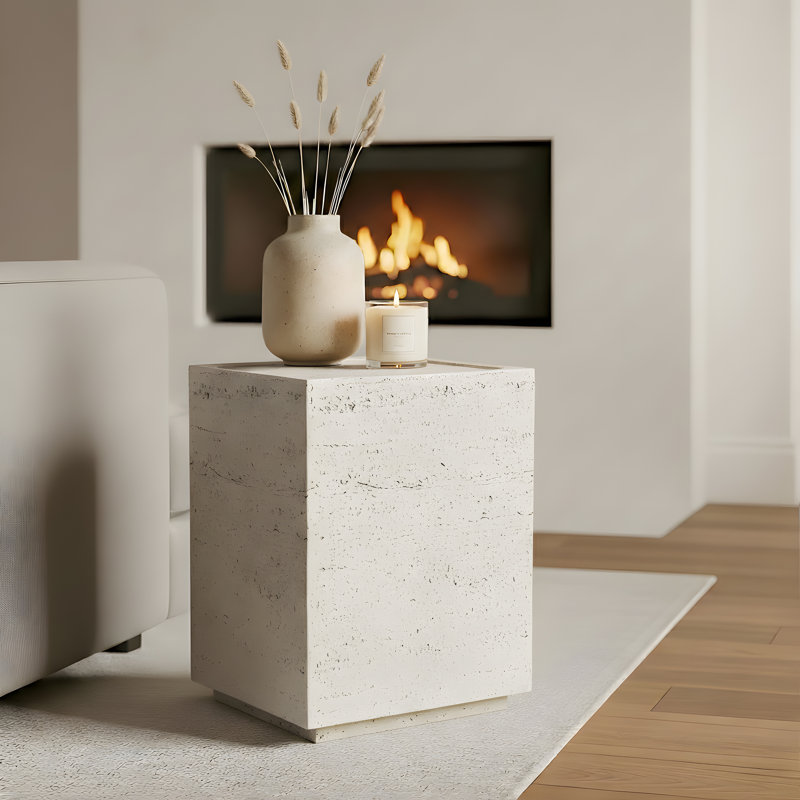 14.2" Square Natural Travertine Stone End Table for Indoor/Outdoor, Ivory Travertine